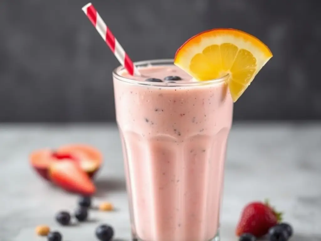 A refreshing smoothie made with goat milk and colorful fruits.