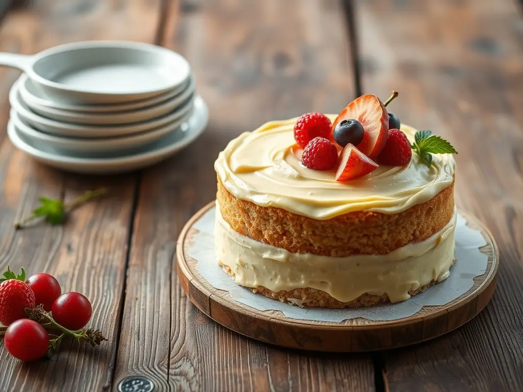 A freshly baked goat milk cake with light yellow frosting and fresh fruits.