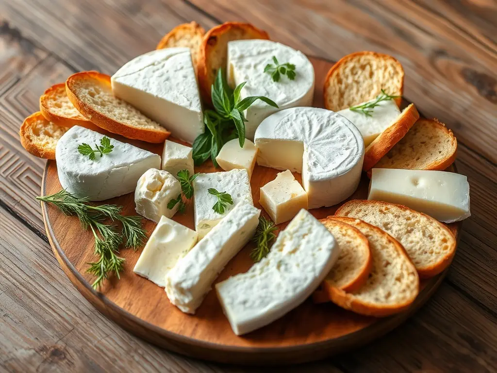 A cheese platter featuring various goat cheeses on a rustic table.