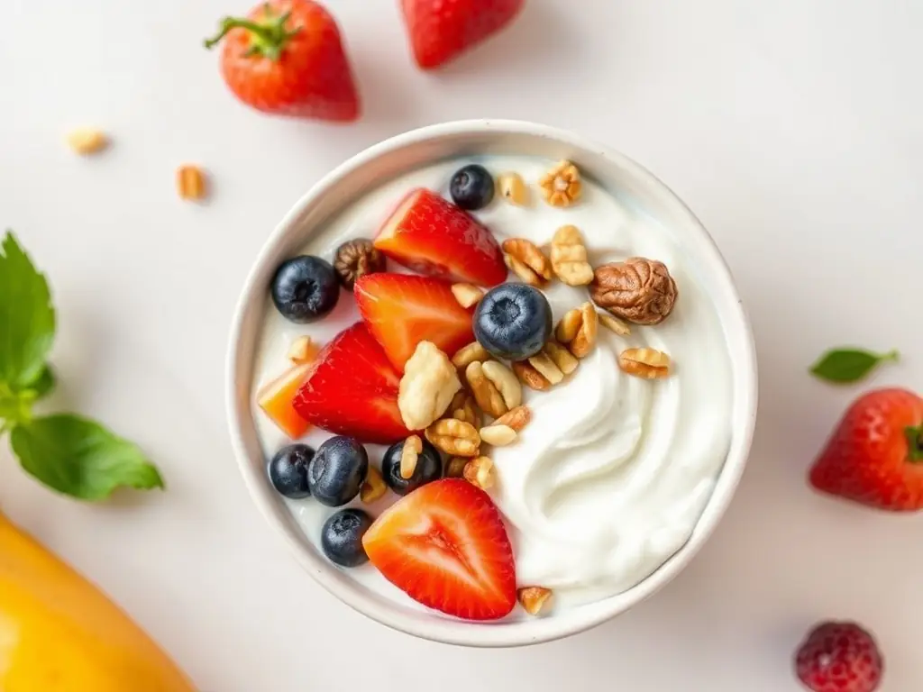 A bowl of goat yogurt topped with fresh fruits and nuts.